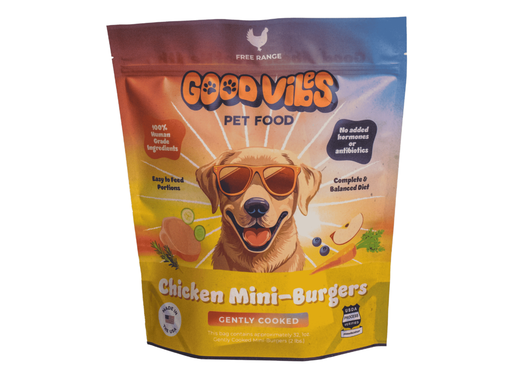 gently cooked chicken mini burgers bag with a cartoon golden retriever wearing sunglasses smiling