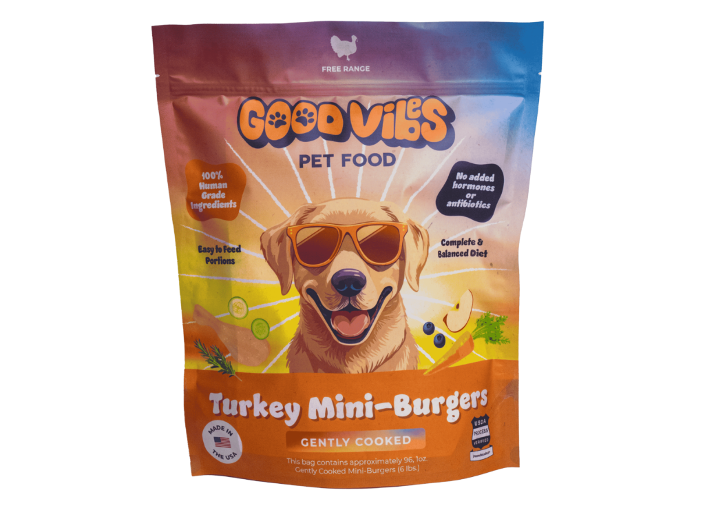 gently cooked turkey mini burgers bag with a cartoon golden retriever wearing sunglasses smiling